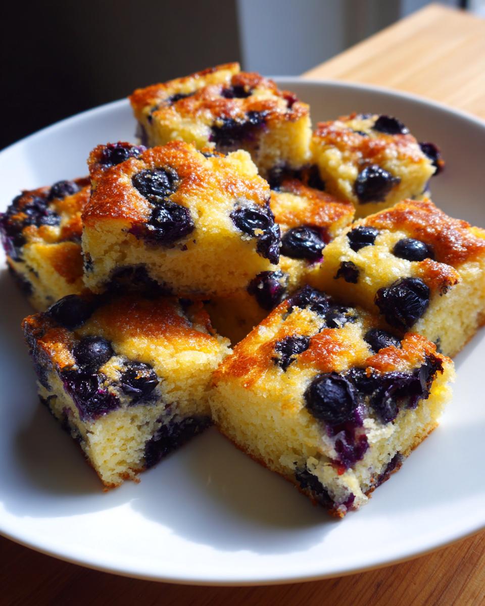 Close-up of golden brown blueberry sheet pan pancakes cut into squares on a white plate.