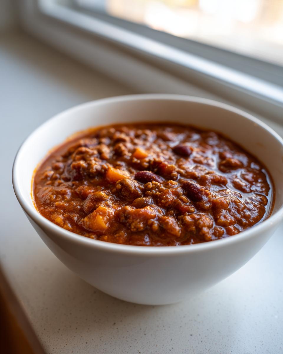 Close-up of a white bowl filled with rich, thick pumpkin chili containing ground meat and beans.