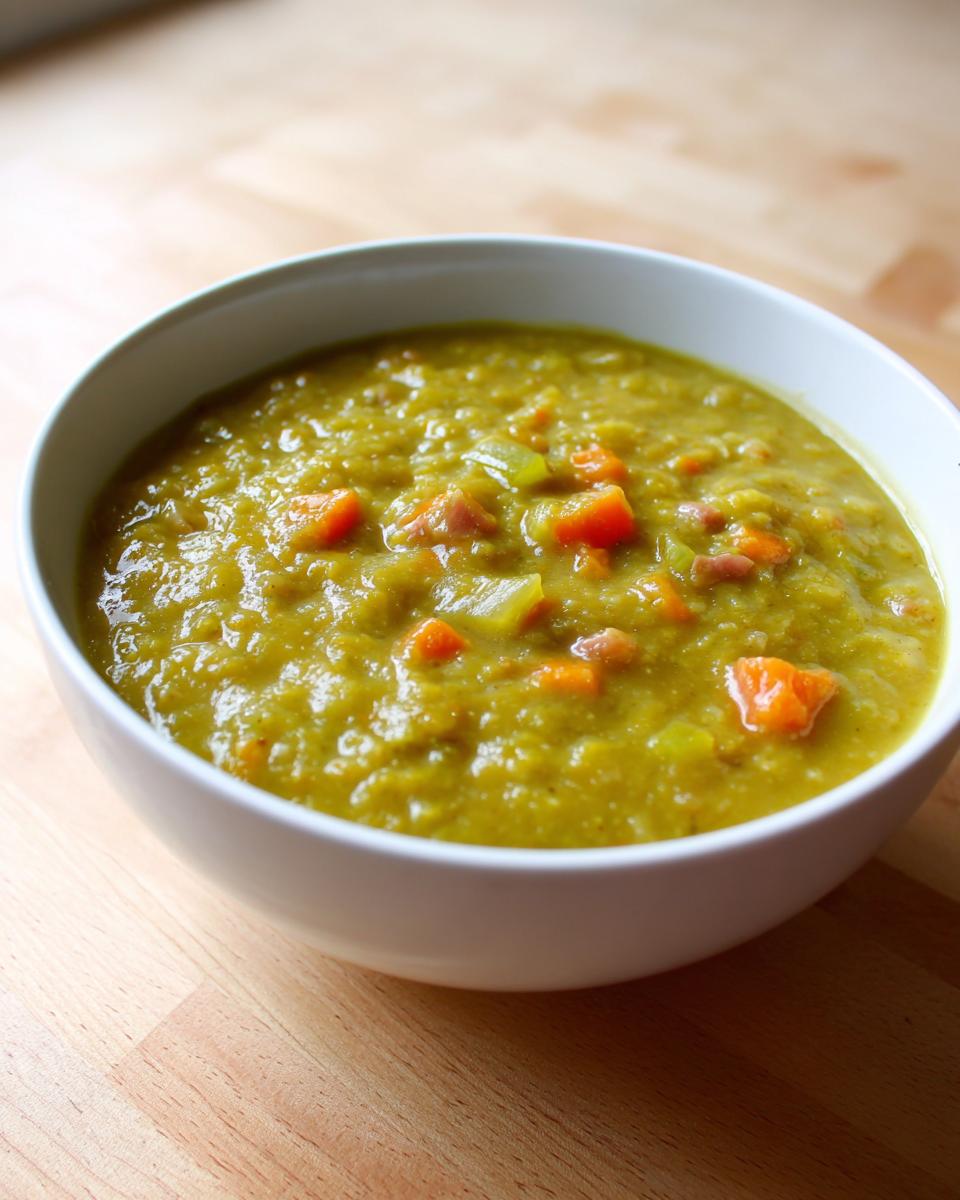 A close-up of a white bowl filled with thick, green pea soup containing visible chunks of carrots and ham.
