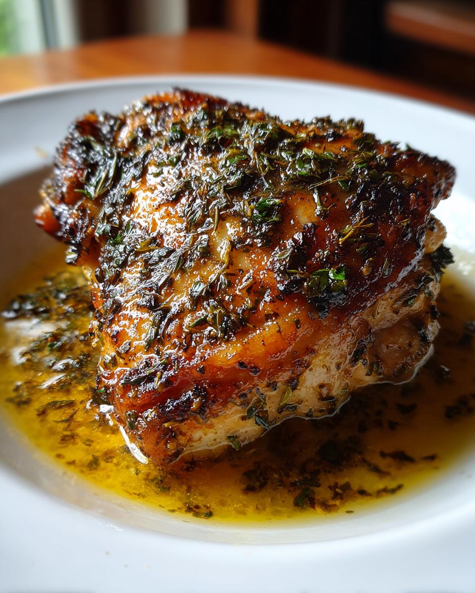 Close-up of a perfectly cooked braised chicken thigh, glistening with pan juices and topped with fresh herbs.