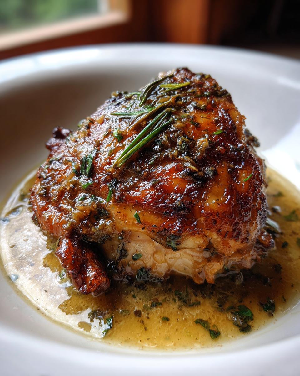 Close-up of a single, perfectly cooked braised chicken thigh with crispy skin and rosemary, resting in savory pan sauce.