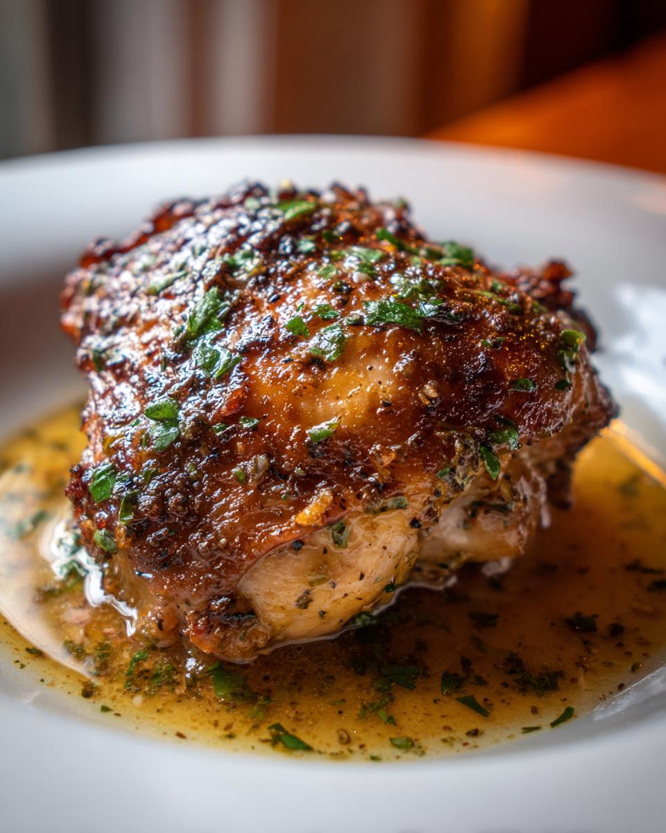 Close-up of a perfectly cooked braised chicken thigh resting in its savory pan sauce, garnished with fresh herbs.