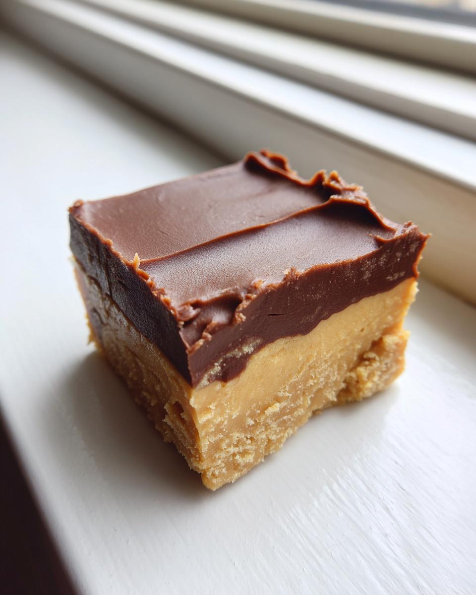 A single square of rich buckeye fudge with a thick peanut butter base and a smooth chocolate topping, sitting on a white surface.