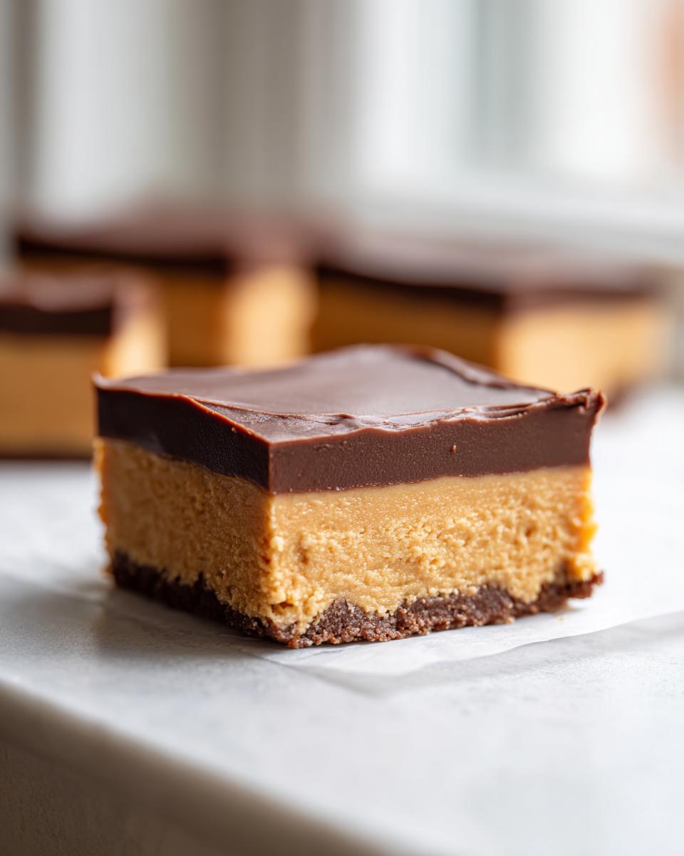 A single, perfectly cut square of rich buckeye fudge showing a chocolate crust, thick peanut butter layer, and chocolate topping.