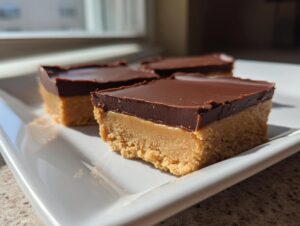Three squares of rich buckeye fudge with a thick peanut butter base and smooth chocolate topping on a white plate.