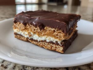 A cross-section view of a layered buckeye graham crackers bar featuring graham cracker, peanut butter, marshmallow, and chocolate topping.