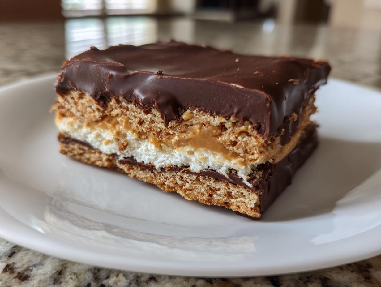 A cross-section view of a layered buckeye graham crackers bar featuring graham cracker, peanut butter, marshmallow, and chocolate topping.
