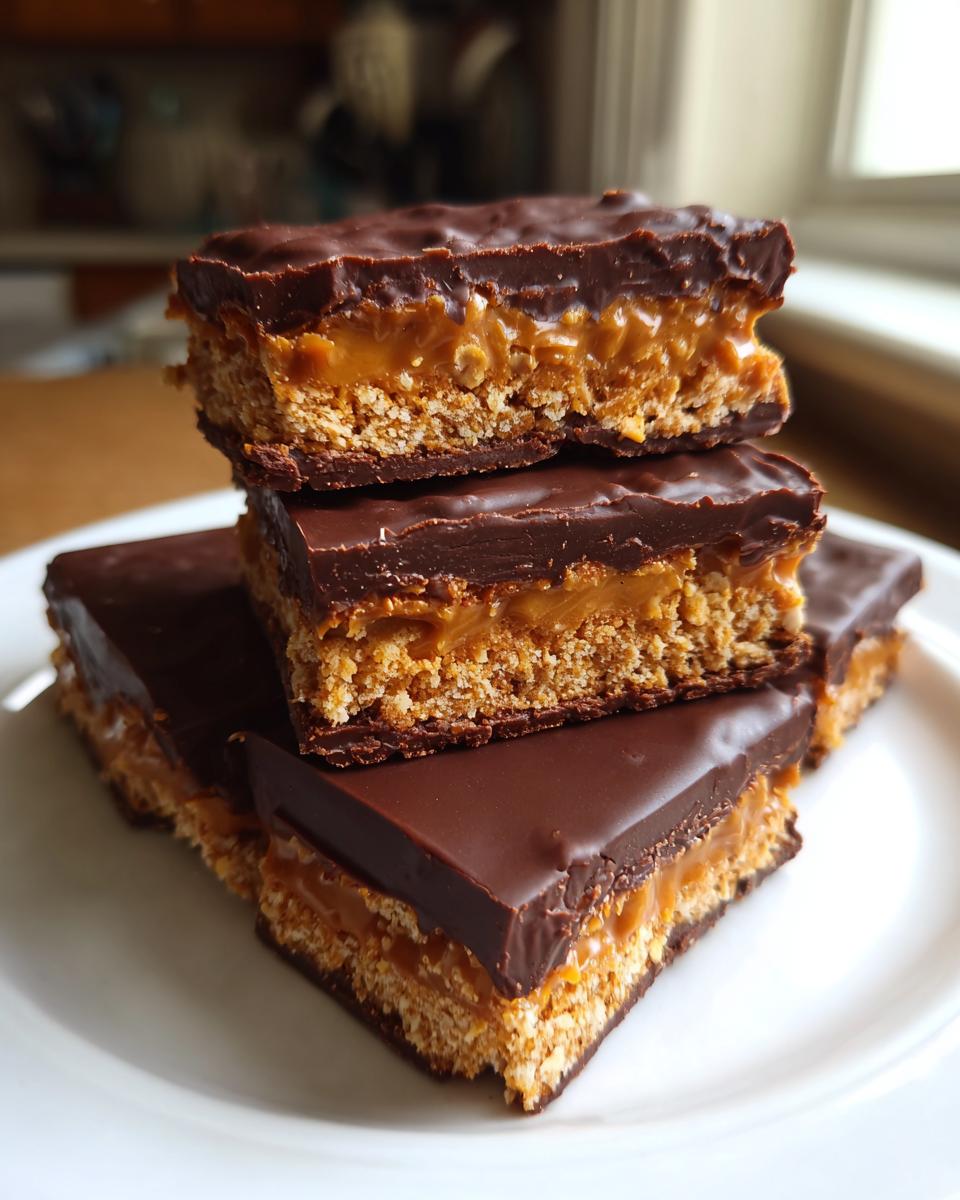 A stack of three rich buckeye graham crackers bars featuring a thick chocolate layer over creamy peanut butter filling and a graham cracker base.