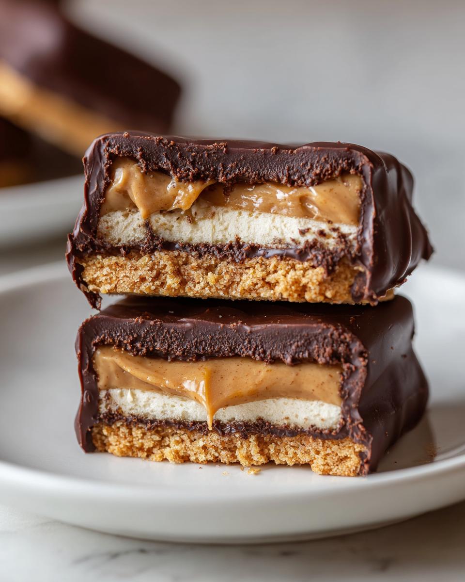 Two stacked, cut pieces of buckeye graham crackers showing layers of chocolate coating, peanut butter filling, white filling, and graham cracker base.