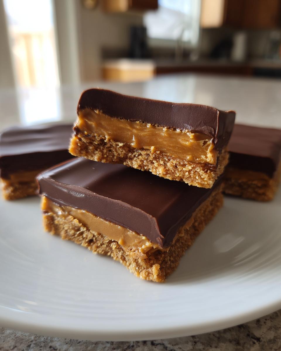 Close-up of layered buckeye graham crackers bars showing a crumbly base, peanut butter filling, and chocolate topping.
