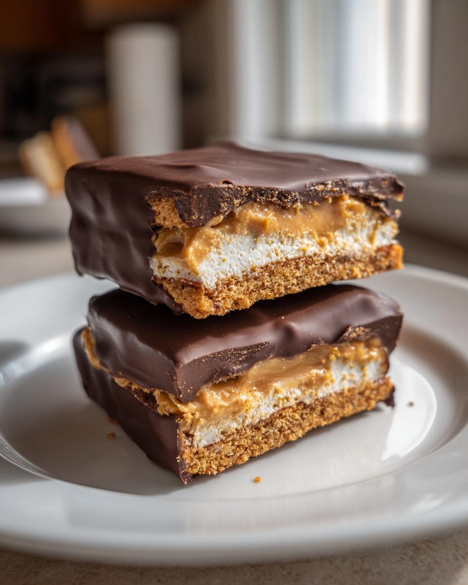 Two stacked, chocolate-dipped bars resembling Buckeye Graham Crackers, showing layers of graham cracker, marshmallow, and peanut butter filling.