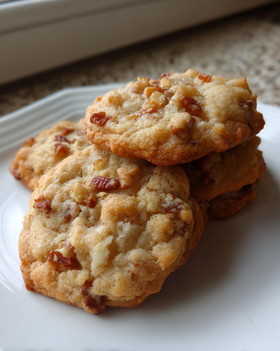 Close-up of a stack of soft, golden butter pecan cookies featuring visible chopped pecans on a white plate.