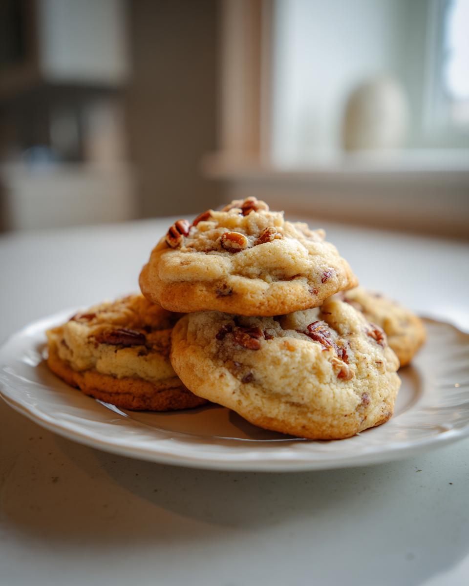 A stack of freshly baked, soft butter pecan cookies topped with chopped pecans resting on a white plate.