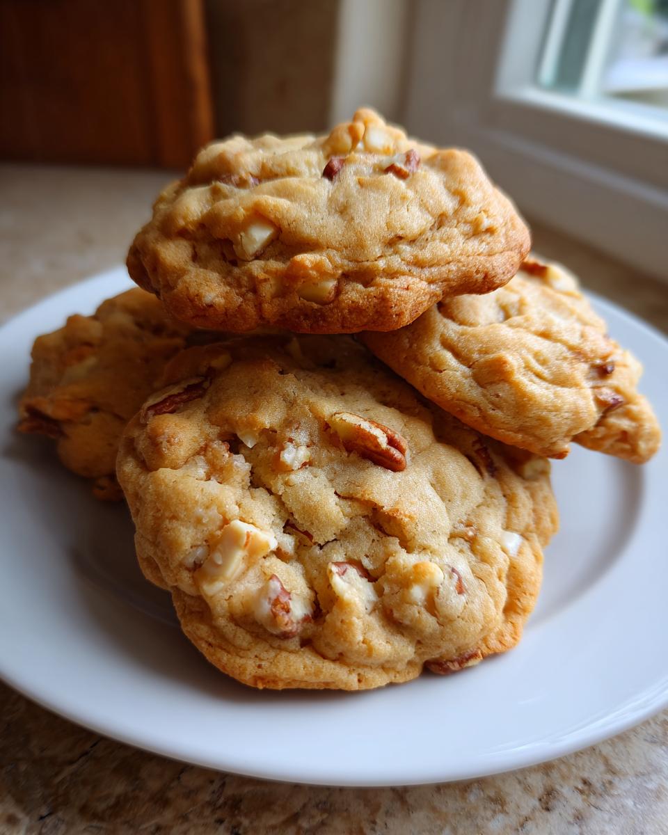 A stack of four freshly baked butter pecan cookies piled on a white plate, showing pecans and white chocolate chips.