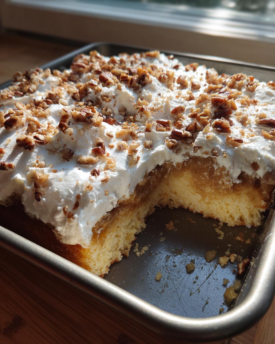 A slice removed from a butter pecan praline poke cake topped with whipped cream and chopped pecans.