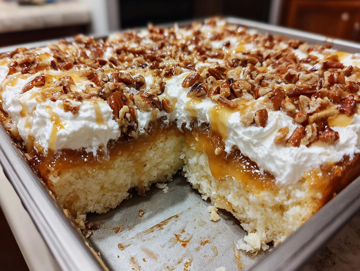A square of butter pecan praline poke cake showing the moist cake base, caramel filling, whipped topping, and chopped pecans.