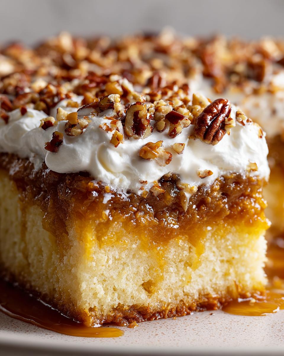 Close-up of a slice of butter pecan praline poke cake showing moist cake, caramel topping, and whipped cream with pecans.