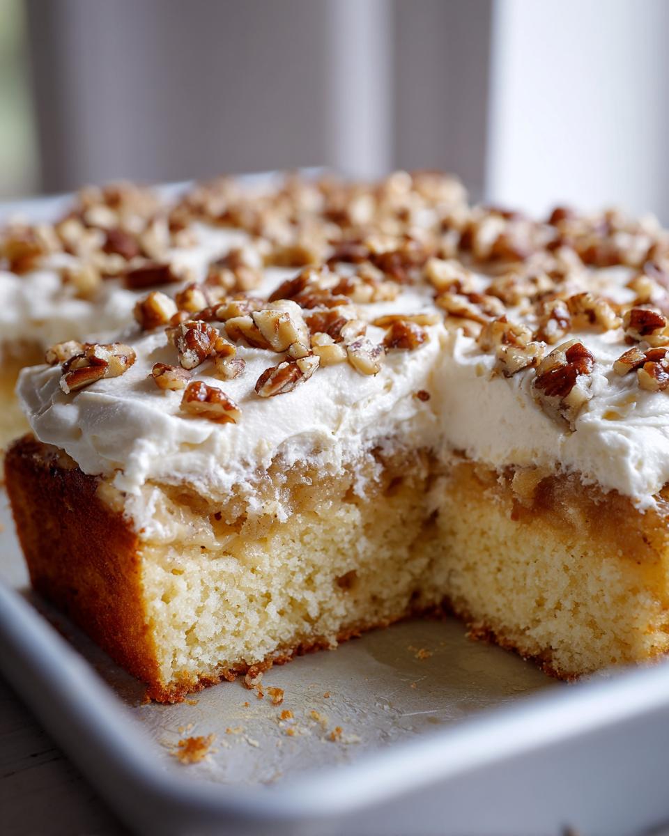 Cross-section view of a moist butter pecan praline poke cake slice topped with whipped cream and chopped pecans.