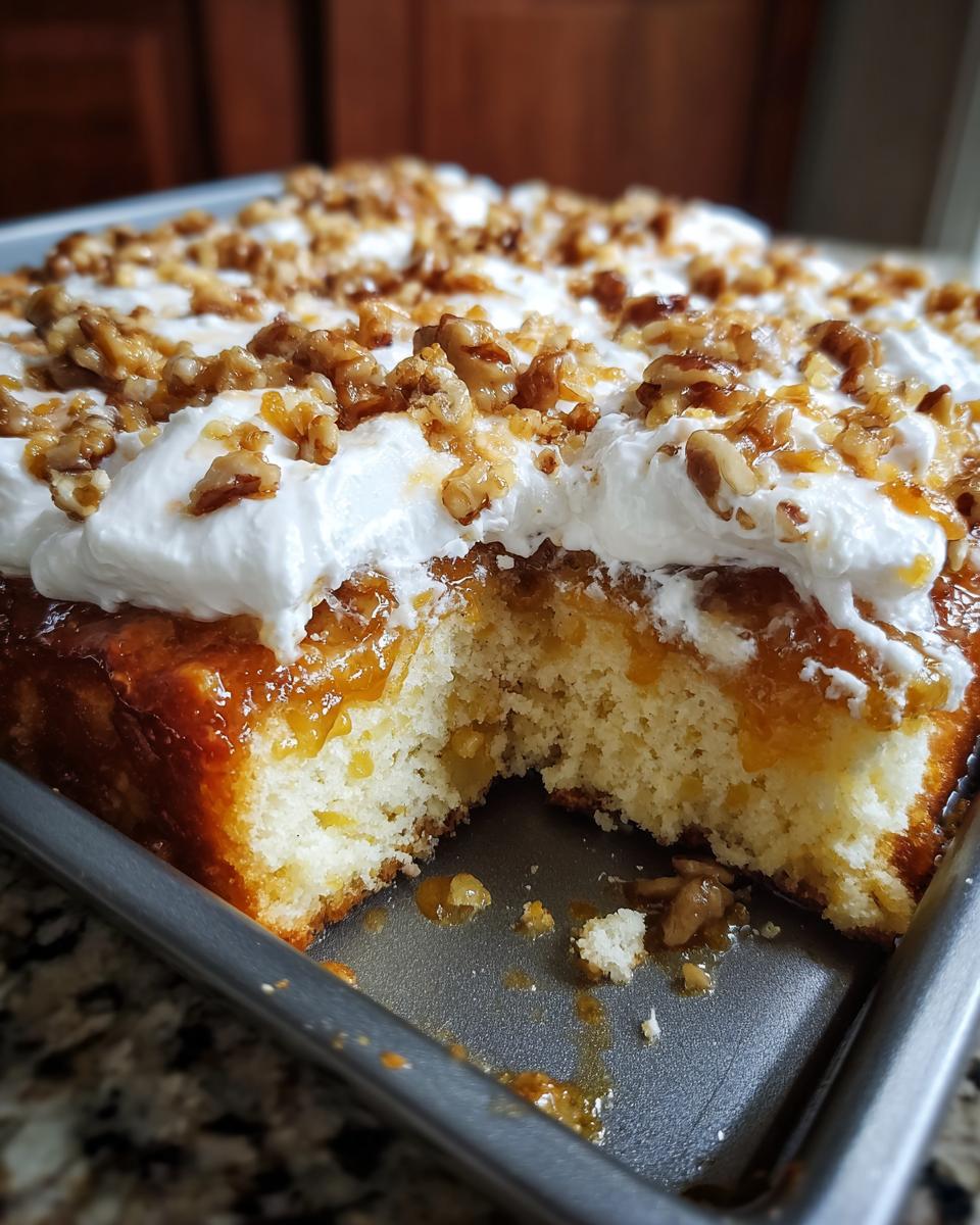Close-up of a square butter pecan praline poke cake with a piece missing, showing the moist interior, caramel sauce, whipped topping, and pecans.