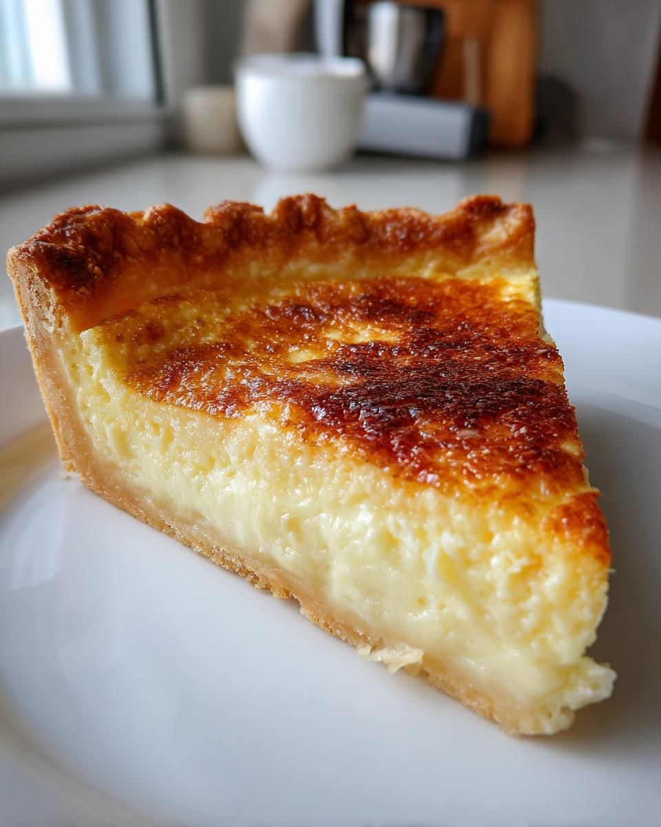 A close-up of a perfect slice of buttermilk pie showing the creamy filling and caramelized top crust.