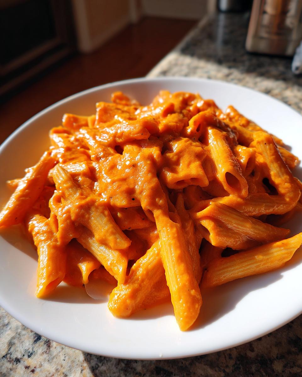 A close-up of penne pasta coated in vibrant orange butternut squash pasta sauce, served on a white plate.