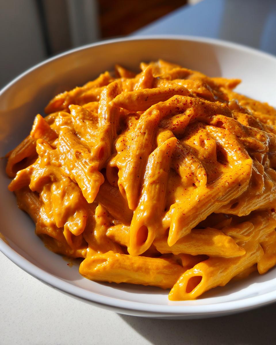 A close-up of penne pasta generously coated in vibrant orange butternut squash pasta sauce, sprinkled with red pepper flakes.