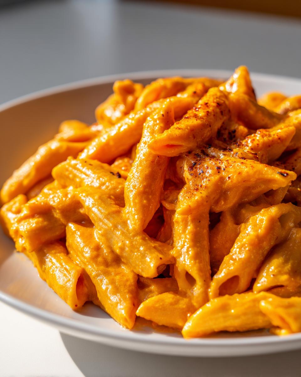 Close-up of penne pasta coated in a vibrant orange butternut squash pasta sauce, lightly sprinkled with spice.