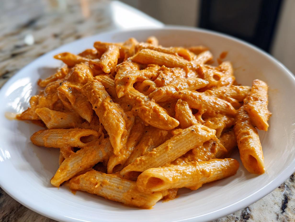 A white bowl filled with penne pasta coated in a rich, orange butternut squash pasta sauce.