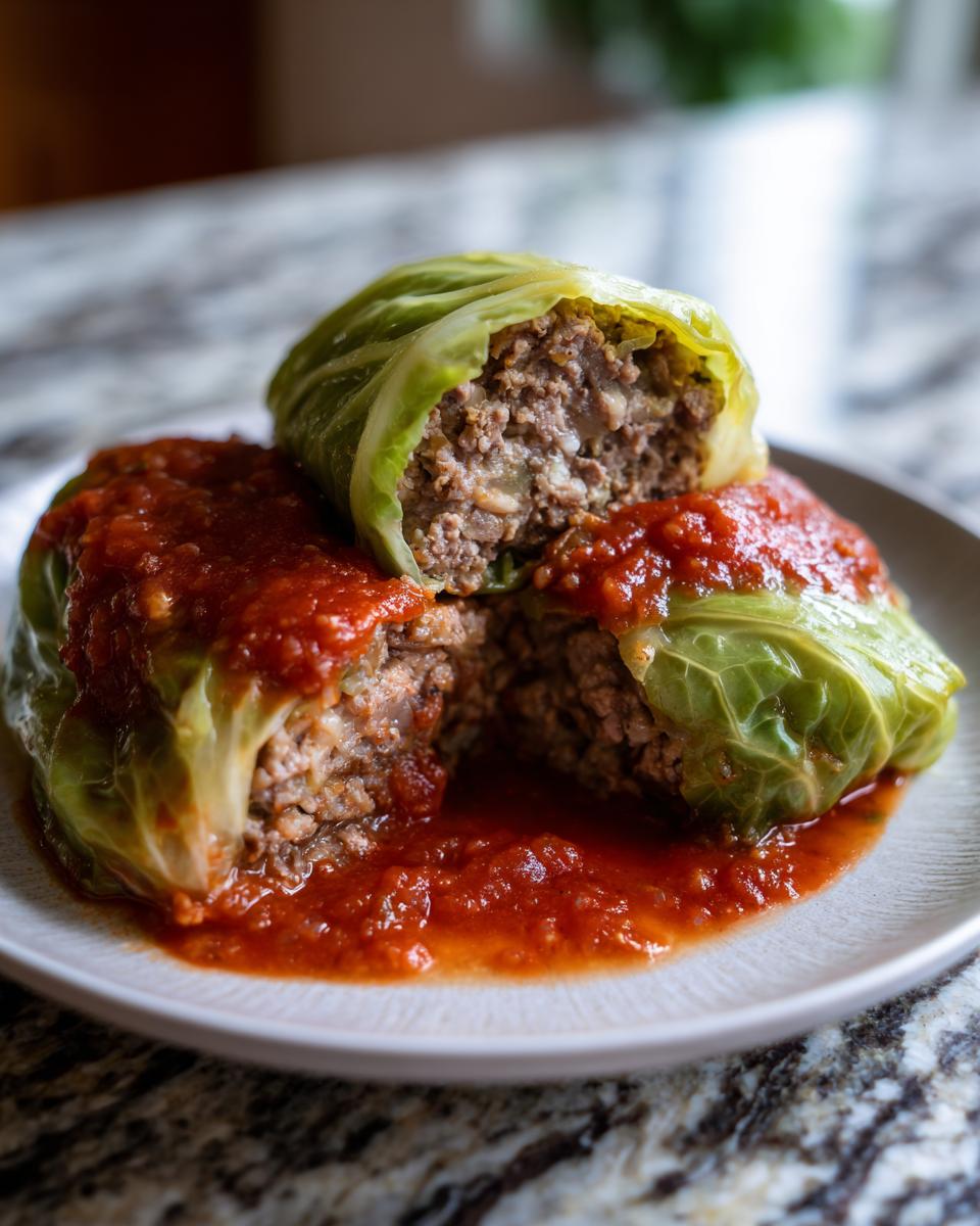 Two cabbage rolls smothered in tomato sauce, one cut in half showing the savory meat filling of the cabbage rolls.