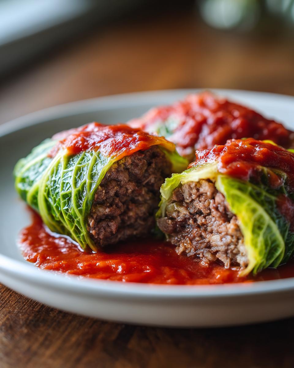 Close-up of two stuffed cabbage rolls cut open, revealing the savory meat filling, covered in bright red tomato sauce.