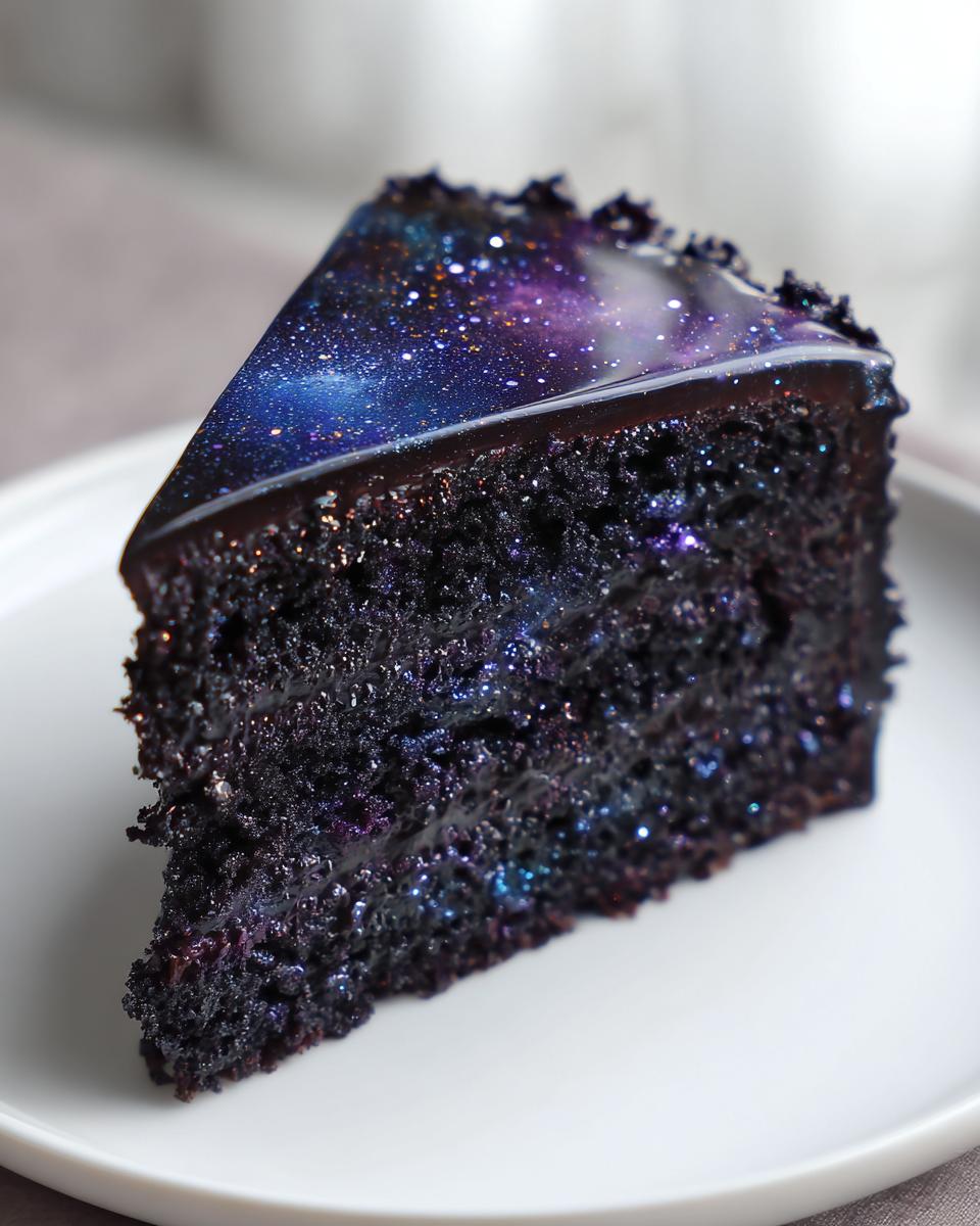 A slice of dark, rich capricorn cake topped with a glossy, deep blue and purple galaxy mirror glaze.