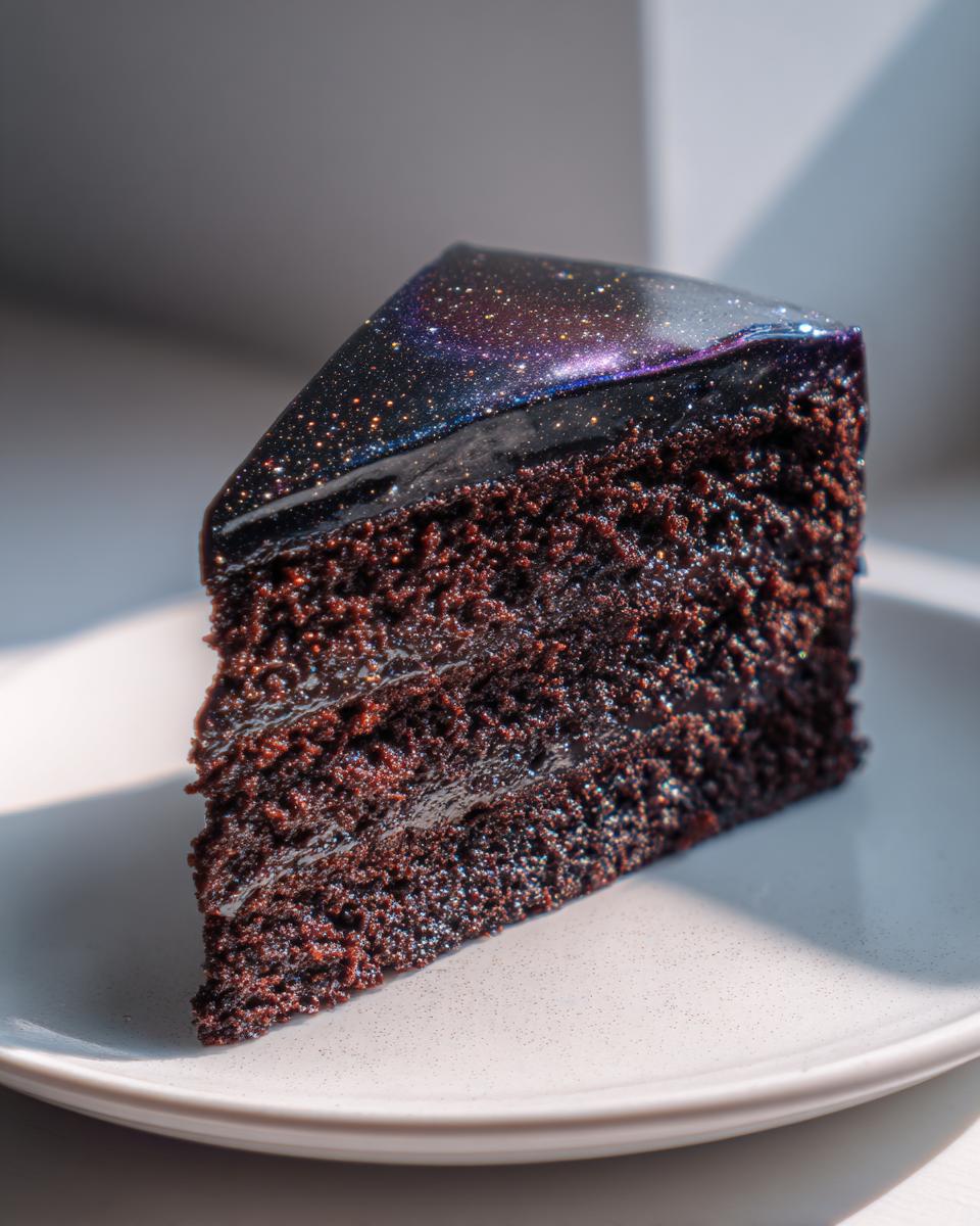 A slice of dark chocolate capricorn cake featuring a shiny, galaxy-themed mirror glaze on top.