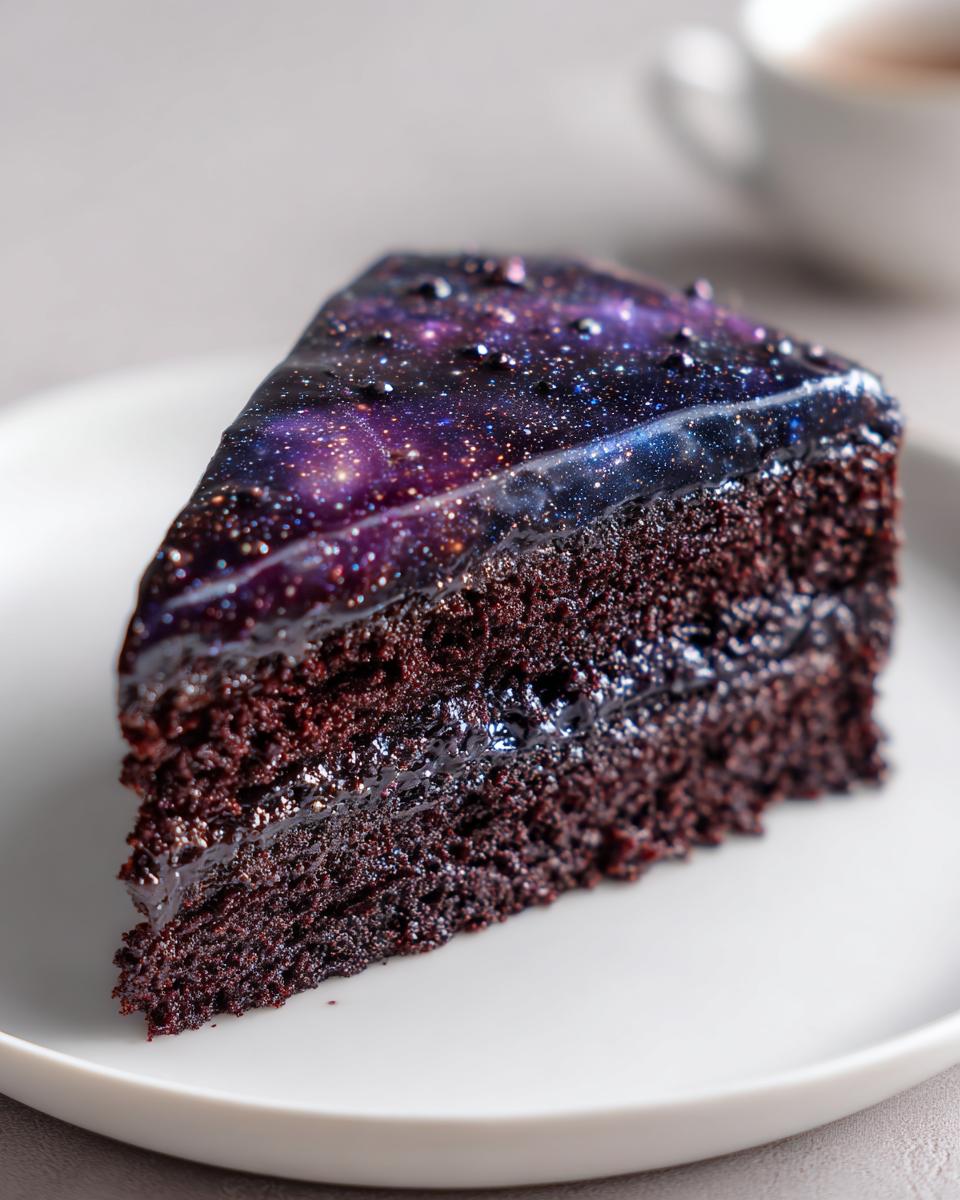 A slice of dark chocolate cake topped with a stunning purple and blue galaxy glaze, resembling a night sky.