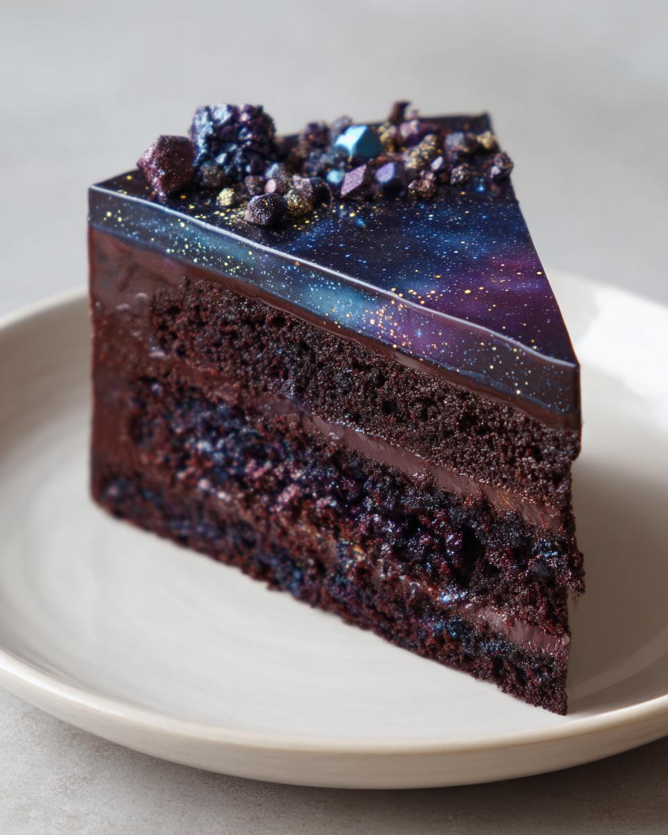 A slice of dark chocolate capricorn cake featuring a vibrant galaxy mirror glaze and edible crystal toppings.