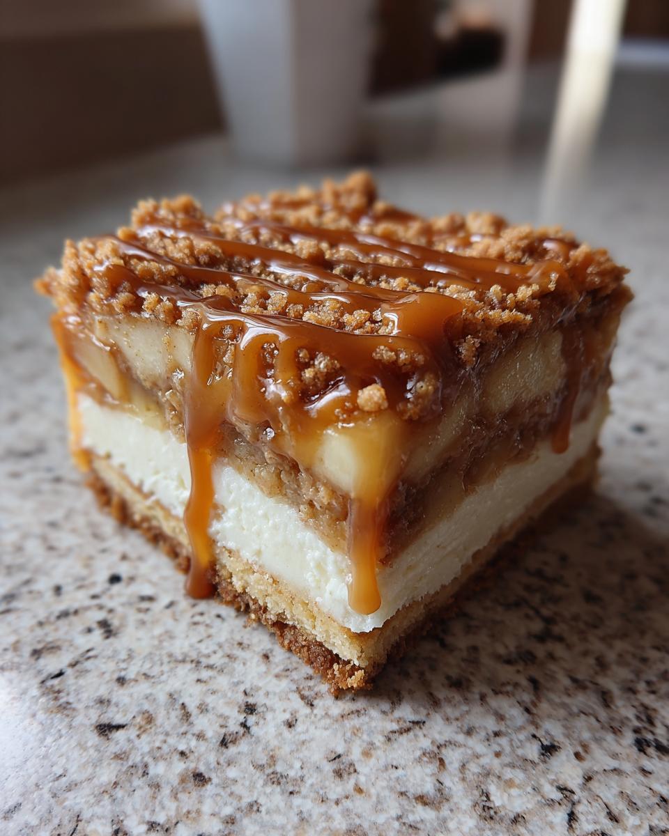 A single, thick slice of layered apple cheesecake bars topped with crumble and rich caramel drizzle.