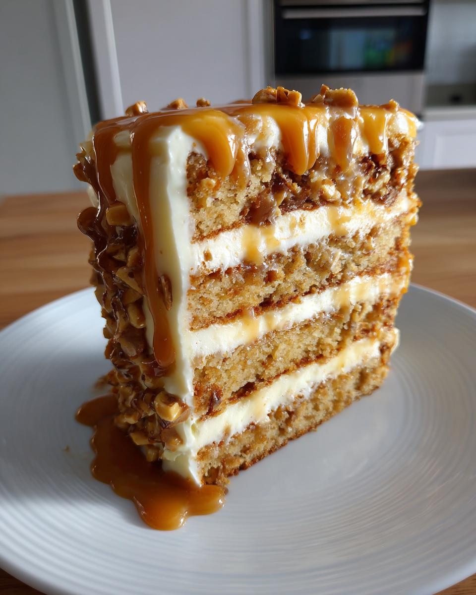 A tall slice of caramel crunch cake featuring multiple layers of cake, cream frosting, and dripping caramel sauce.