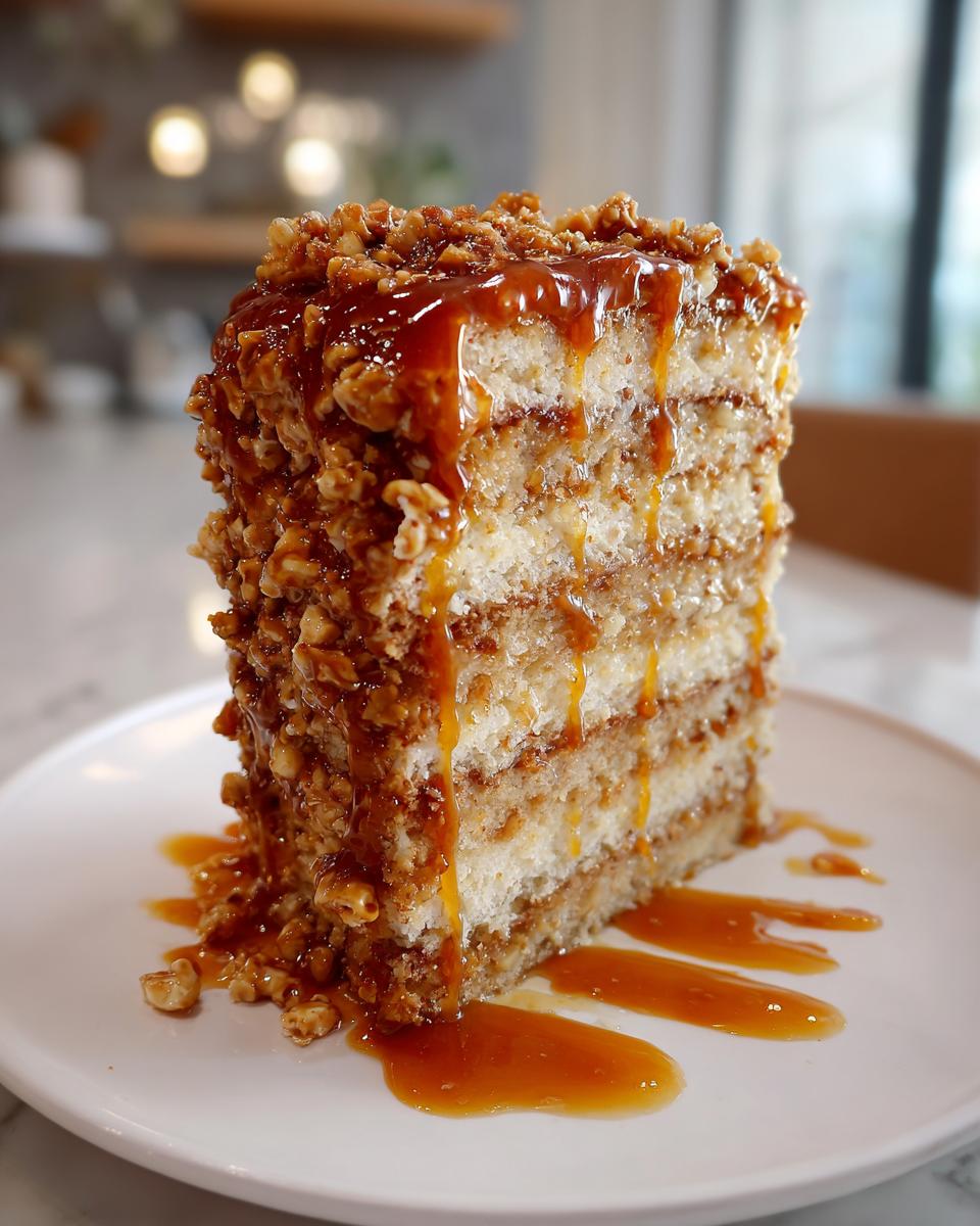 A tall slice of caramel crunch cake featuring multiple layers, covered in crunchy nuts and dripping with thick caramel sauce.