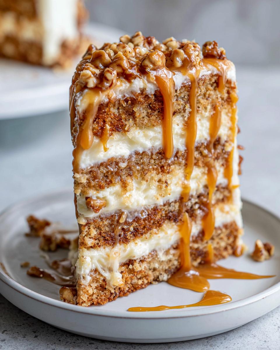 A tall slice of caramel crunch cake layered with frosting, topped with nuts and dripping with caramel sauce.