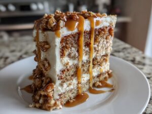 A decadent slice of caramel crunch cake featuring three layers, cream frosting, walnuts, and dripping caramel sauce.