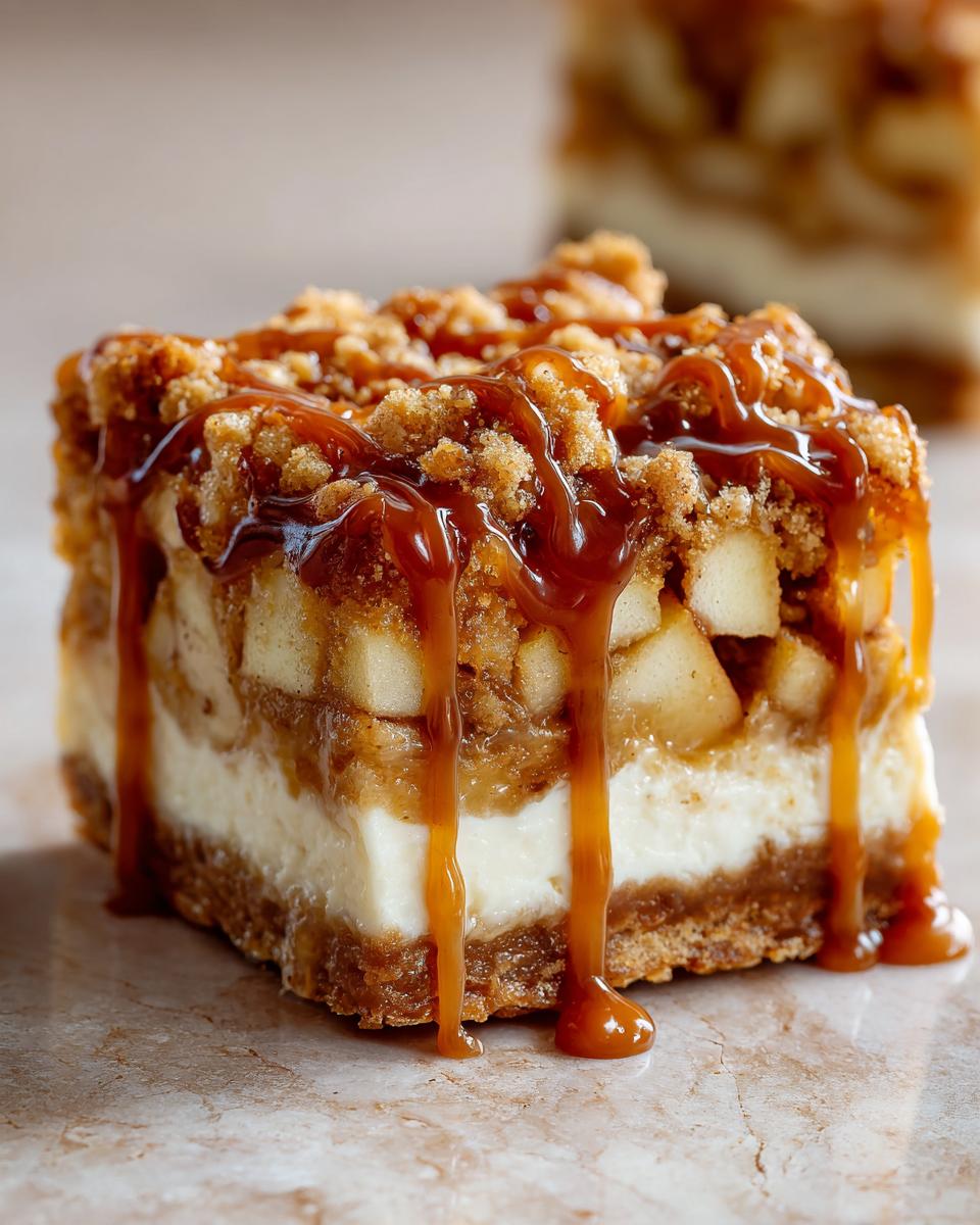 A thick slice of apple cheesecake bars featuring a crust, creamy layer, apple filling, and crumble topping drizzled heavily with caramel sauce.