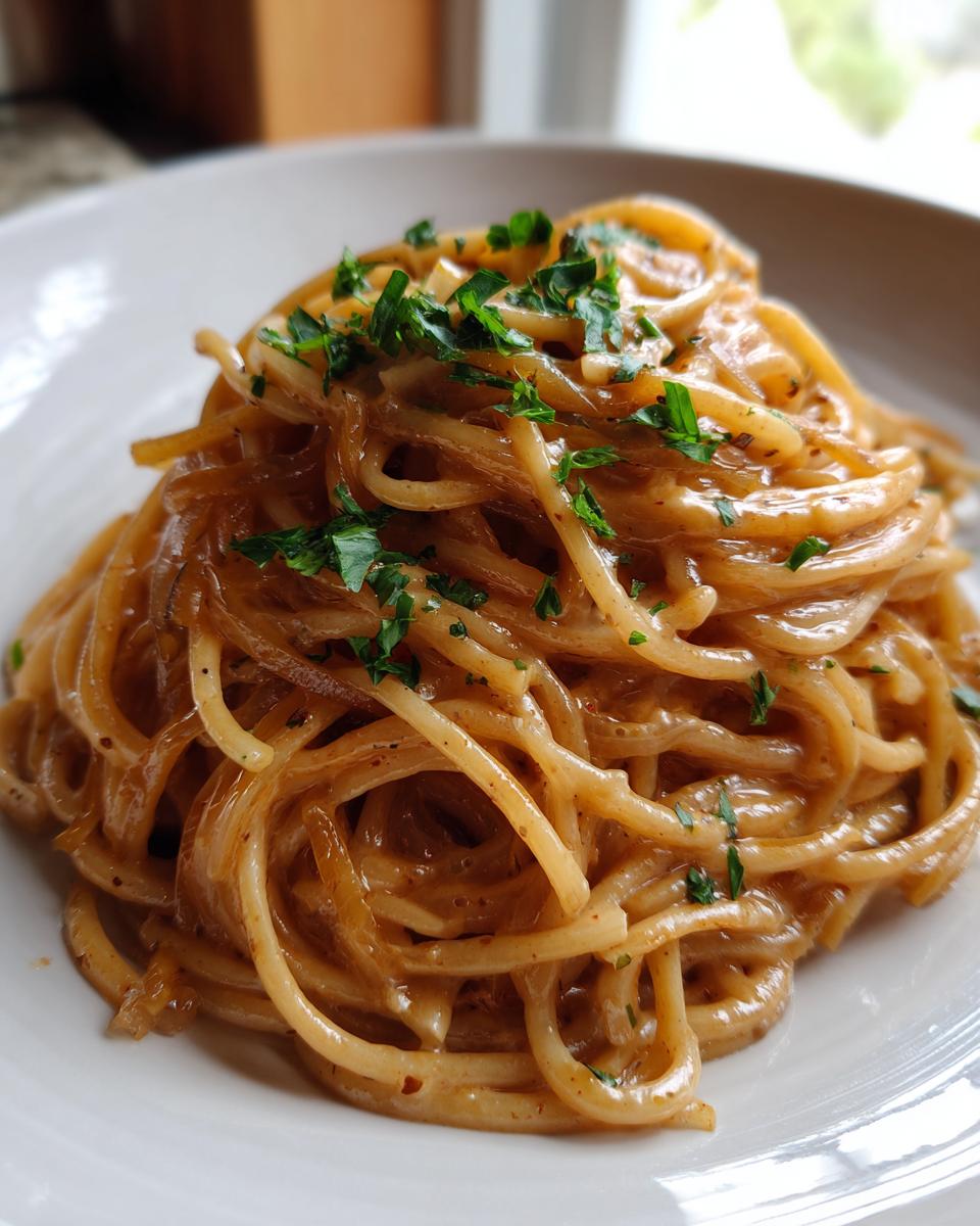 Close-up of a serving of creamy caramelized onion pasta tossed in a rich brown sauce and topped with fresh parsley.