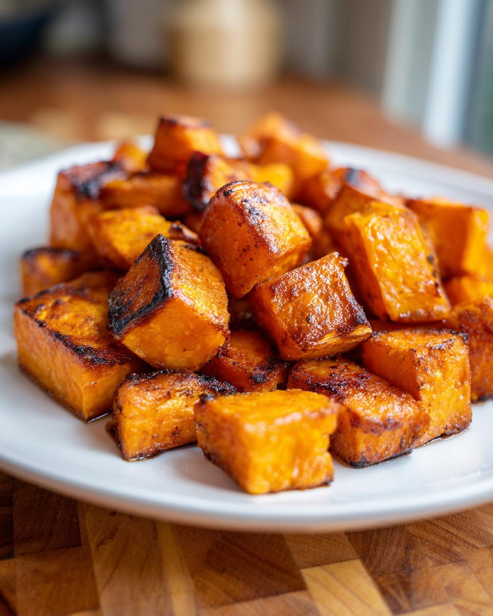 Close-up of perfectly caramelized roasted sweet potatoes cubes piled on a white plate.