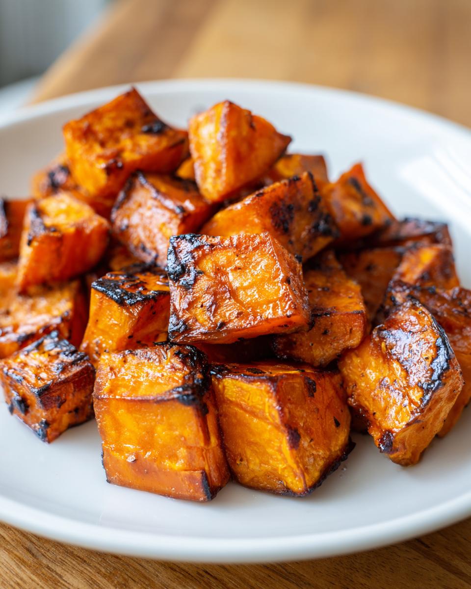 Close-up of caramelized, cubed roasted sweet potatoes piled on a white plate.
