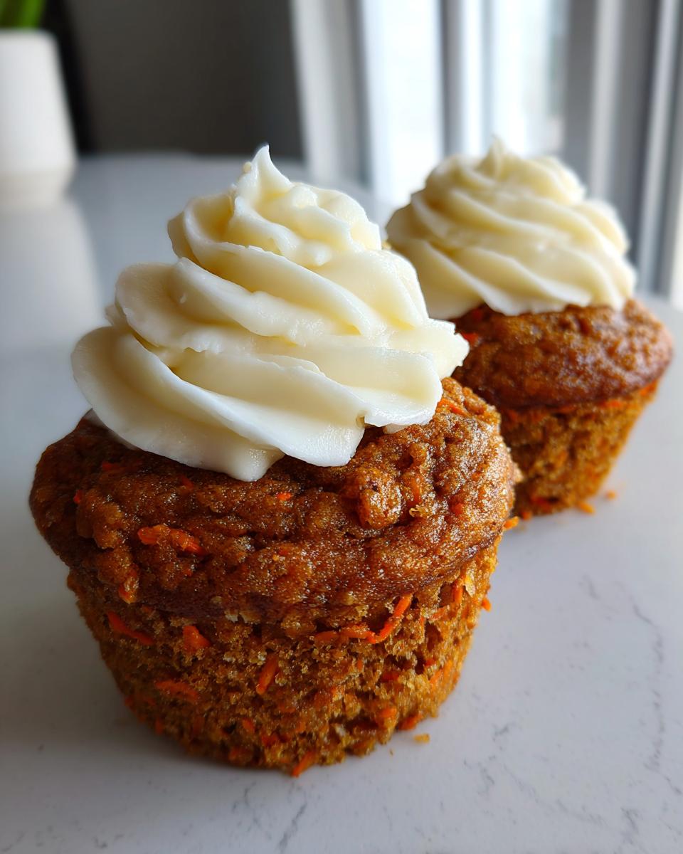 Two moist carrot cake muffins topped with thick swirls of cream cheese frosting.