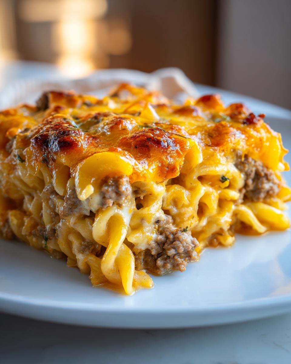 Close-up of a square serving of cheeseburger casserole featuring pasta, ground beef, and a bubbly, browned cheddar cheese topping.