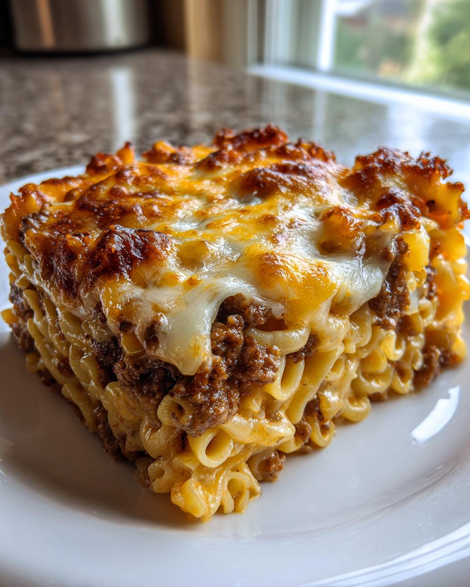 A square slice of baked cheeseburger casserole featuring layers of elbow macaroni, seasoned ground beef, and a bubbly, browned cheese topping.