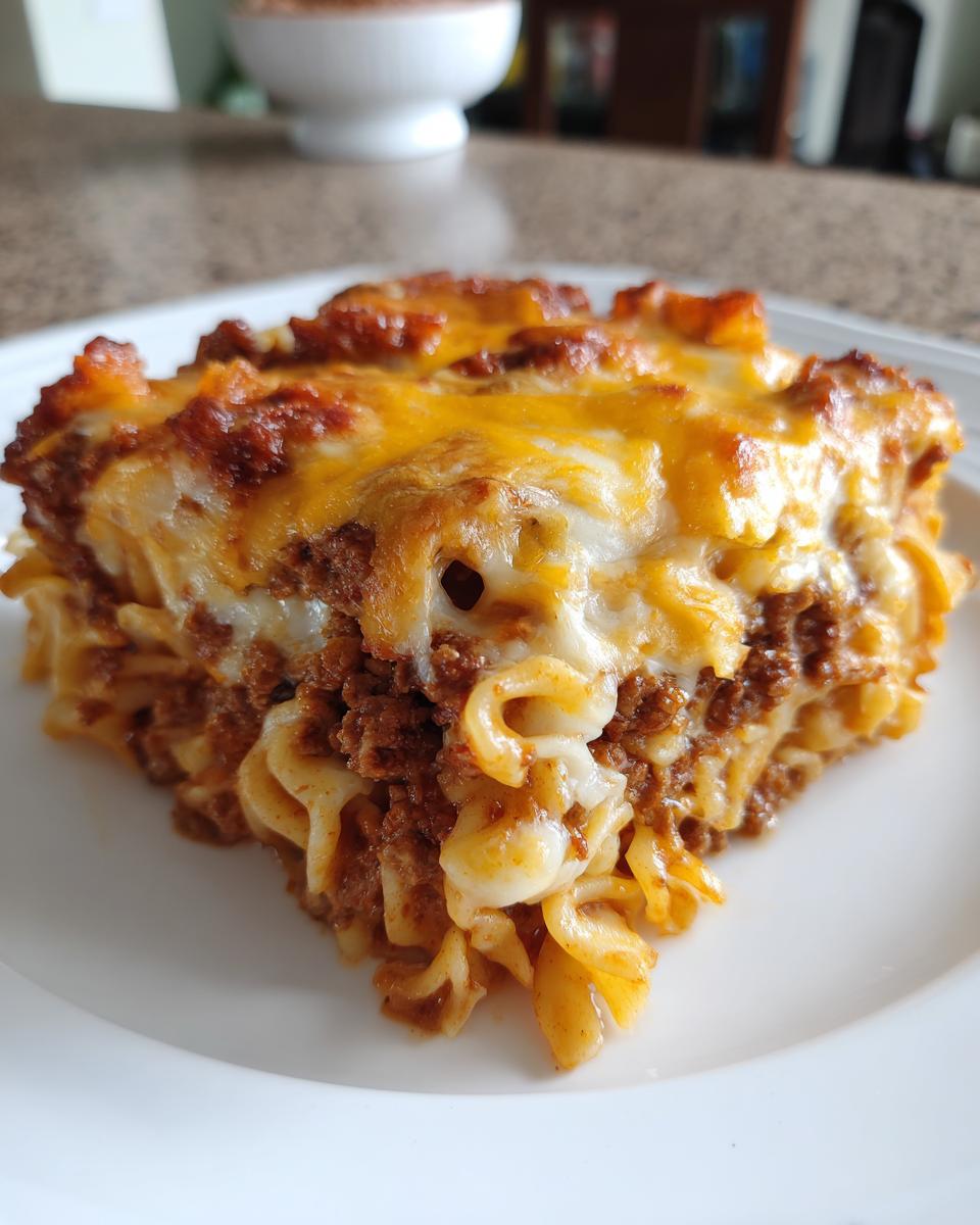 Close-up of a hearty slice of cheeseburger casserole featuring pasta, seasoned ground beef, and a thick layer of melted cheddar and mozzarella cheese.