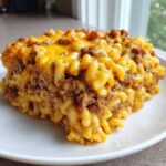 A close-up serving of a rich cheeseburger casserole featuring elbow macaroni, ground beef, and melted cheddar cheese.