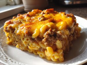 A close-up serving of baked cheeseburger casserole featuring elbow macaroni, ground beef, and a bubbly, melted cheddar cheese topping.