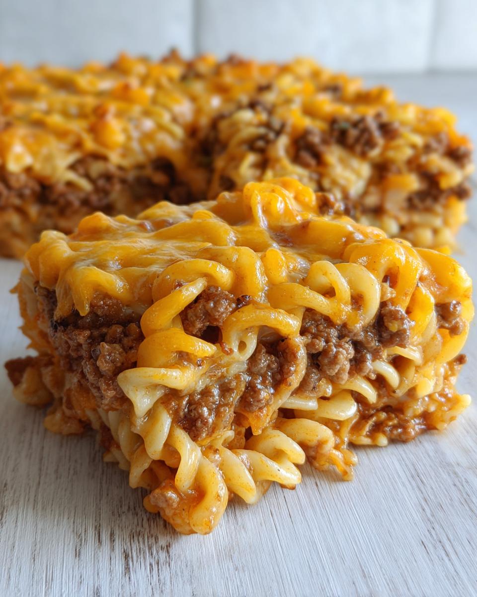 A close-up serving of cheeseburger casserole featuring rotini pasta, seasoned ground beef, and melted cheddar cheese topping.